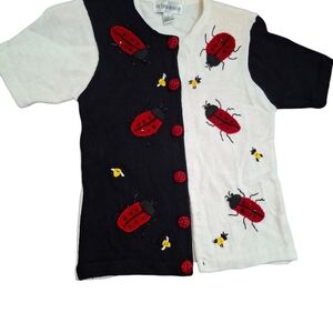 Vintage Ladybug Embroidered Button Down Shirt - Black and White